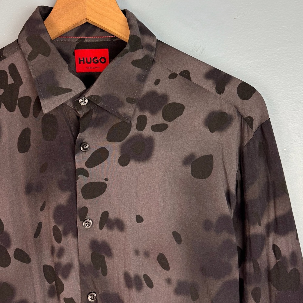 HUGO Mens Medium Gray Abstract Spotted Slim Fit Button Up Long Sleeve Shirt